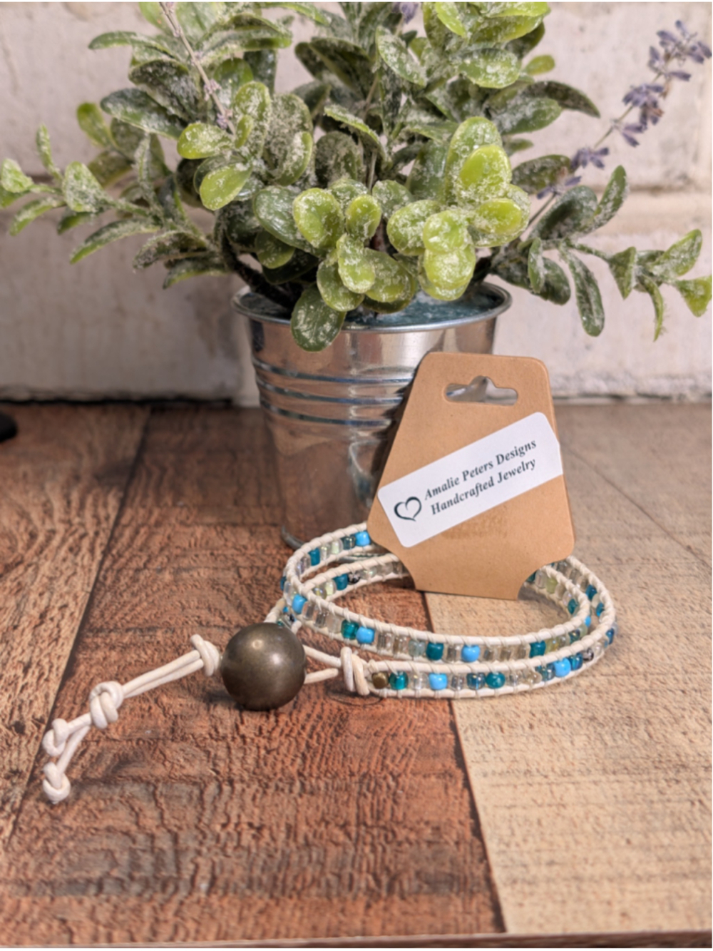 NEW Artisan L Boho Double Wrap Blue Beaded White Knotted Leather Button Bracelet